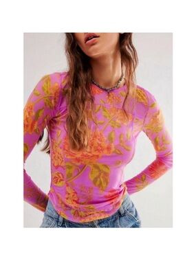 New! Pink Floral Sheer Mesh Fitted Long Sleeve Tee Shirt